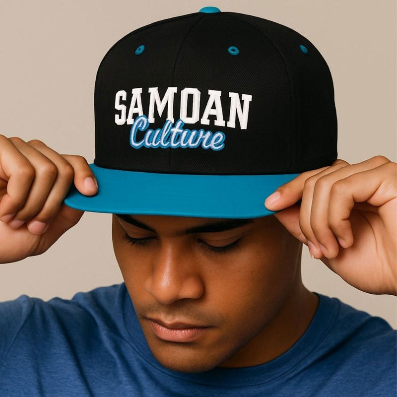 Flat Bill Snapback Hat - Samoan Culture - Blue White Embroidery - AU/NZ/USA - The Koko Samoa
