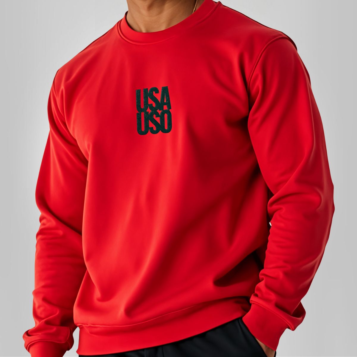 Black embroidered Fulfill Engine unisex heavy sweatshirt with USA USO design, featuring a comfortable, casual fit.