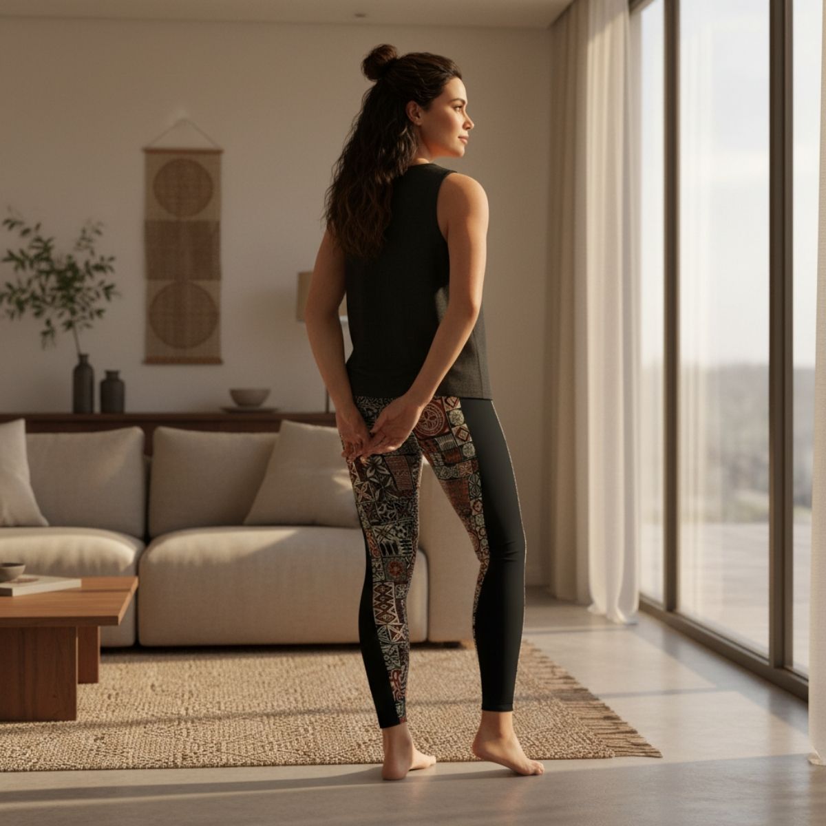 Black FYBY IslandFlex mid-rise leggings with a sleek fit, shown on a model in a natural pose.
