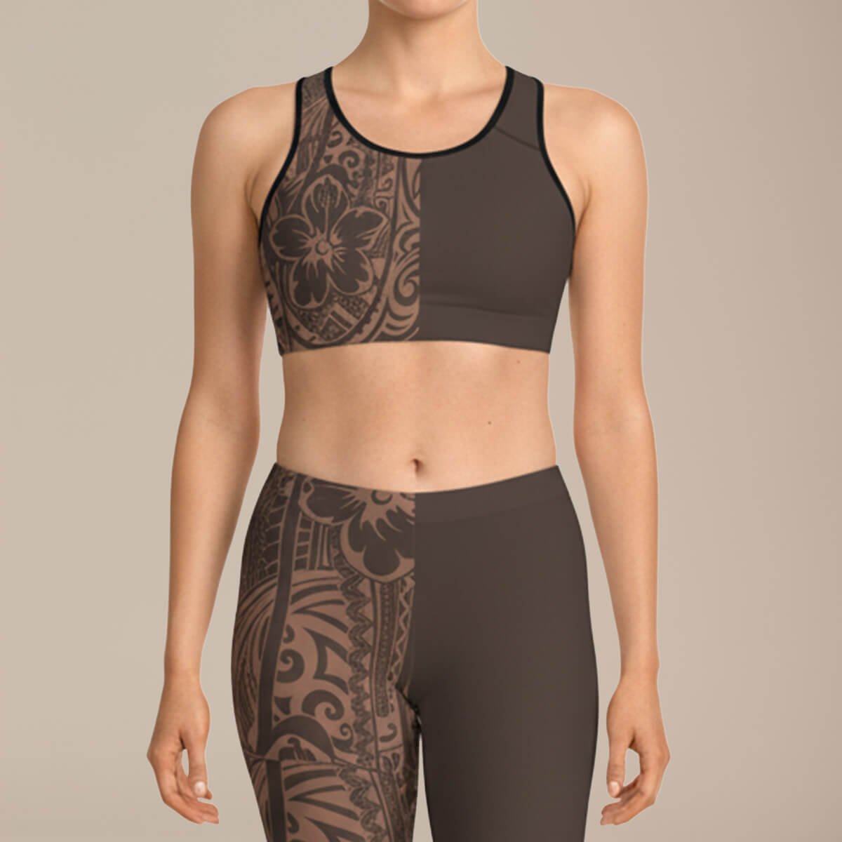 FYBY Bloom Mocha Mousse sports bra featuring black stitching and a comfortable fit, ideal for active wear.
