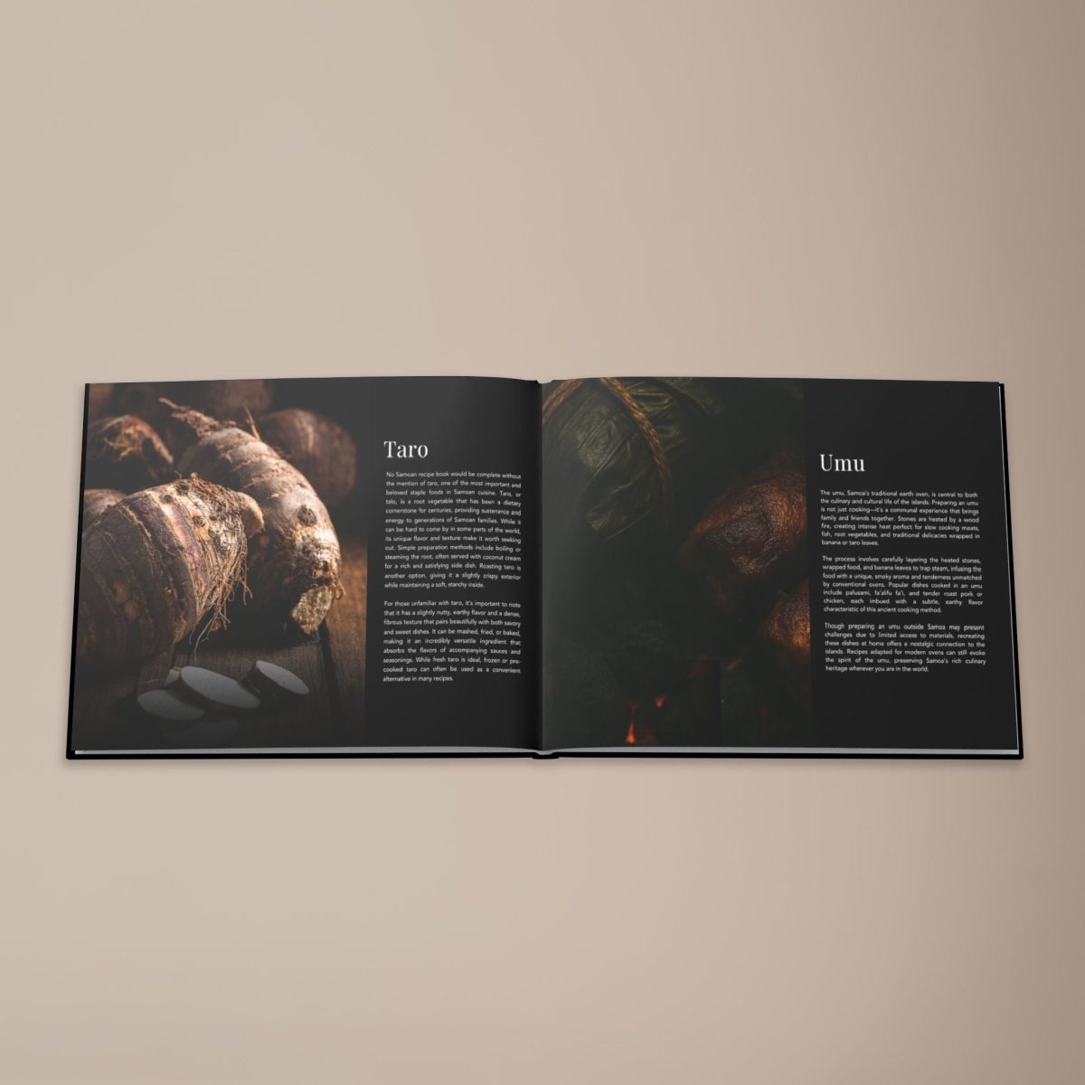 Hardcover keepsake book titled "The Samoan Mains Book" featuring six traditional Samoan recipes.