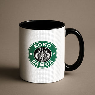 Black LimaLuxe™ 11oz mug featuring Koko Samoa design, in the USA.
