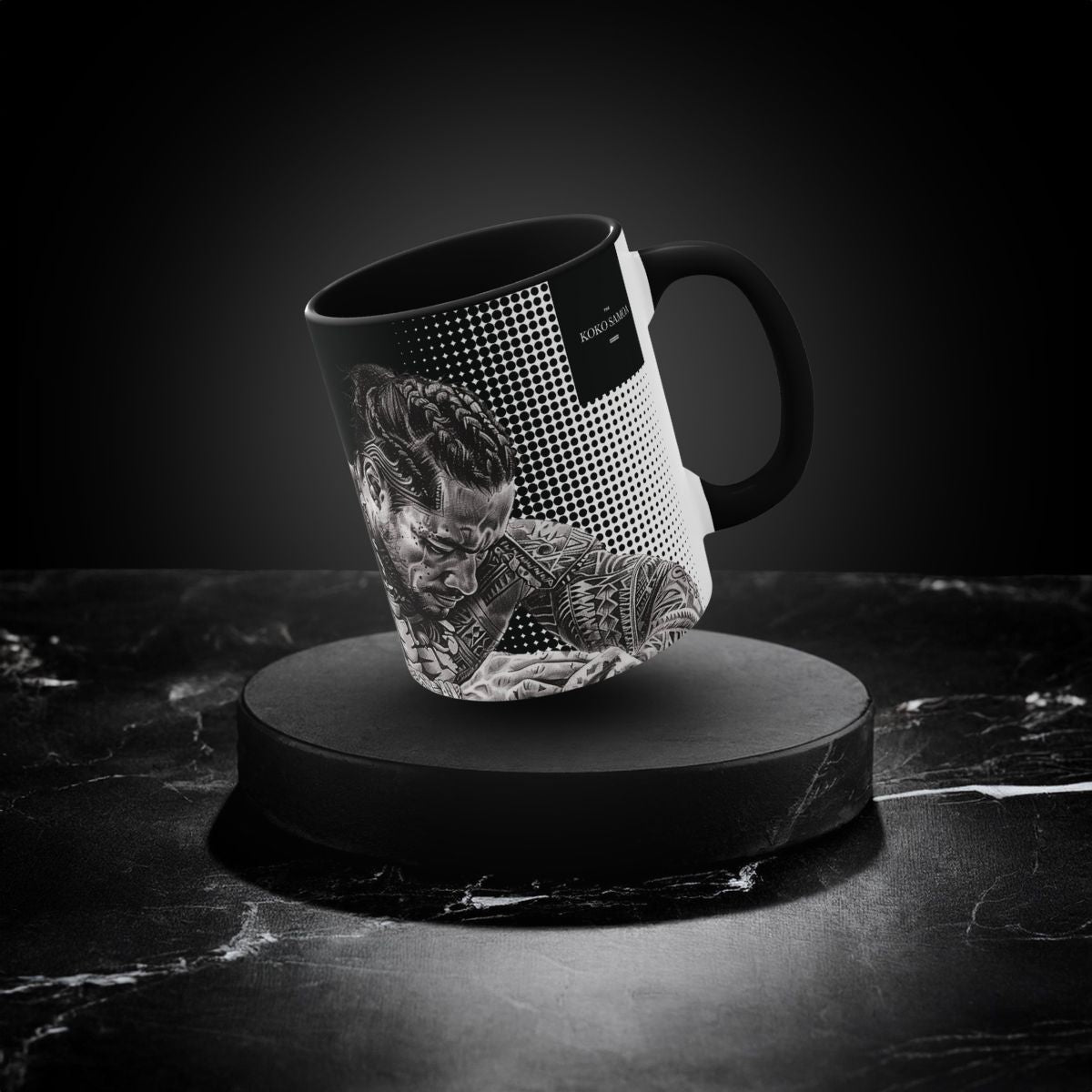Black LimaLuxe™ 11oz mug with "Toa" design by Imagine Your Photos, featuring a sleek ceramic finish and comfortable handle.