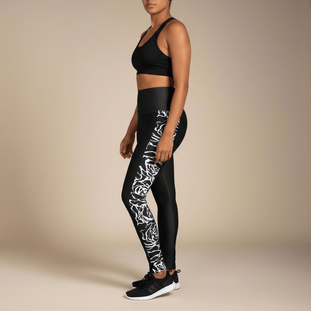 High-waisted leggings in Faleasiu Nights with vibrant island-inspired pattern.