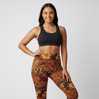 High-waisted leggings from Miami Sublimation's IslandRise collection featuring Poutasi Promise design with tropical island print.