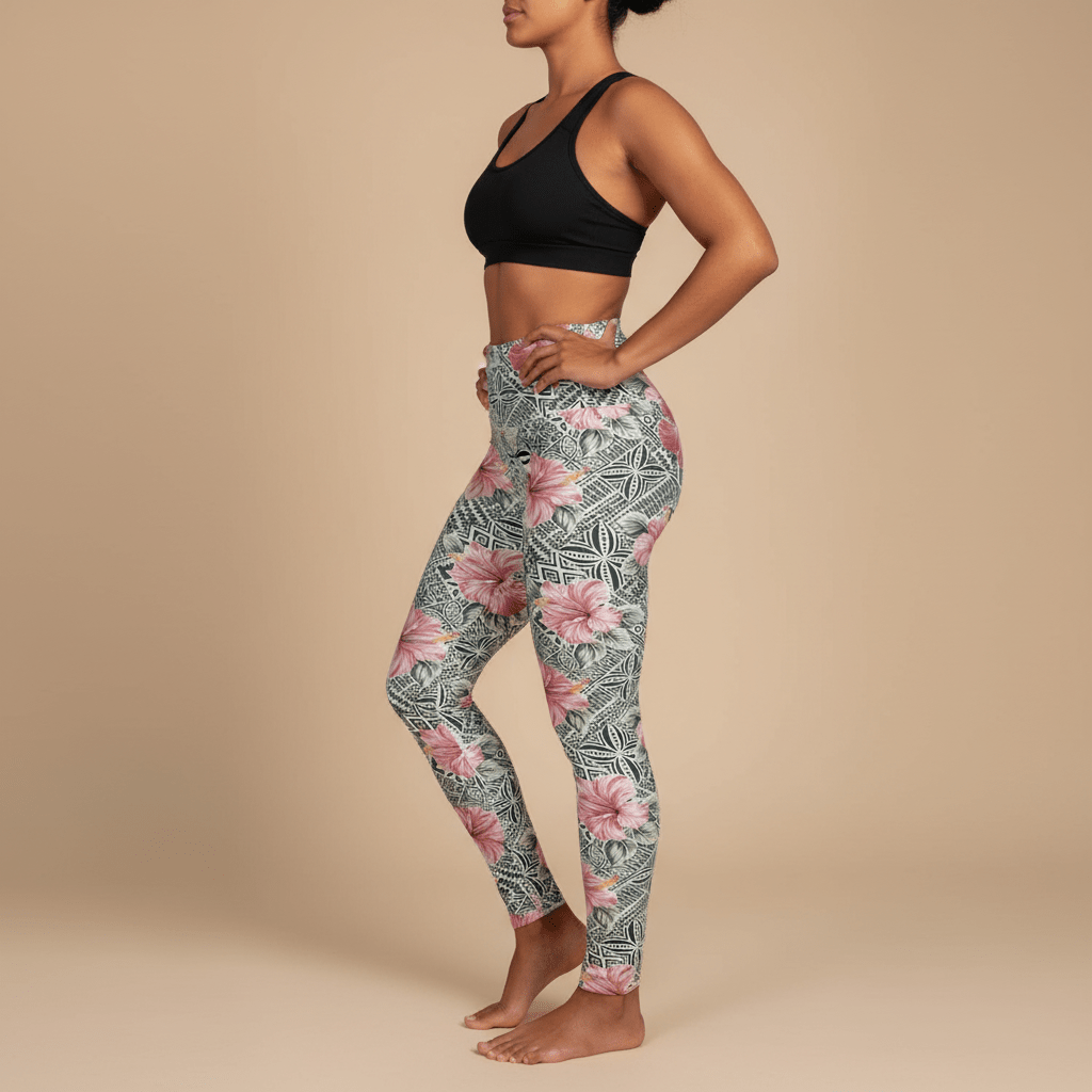 High-waisted leggings from Miami Sublimation featuring Solosolo Blooms print, vibrant floral design, perfect for active wear.