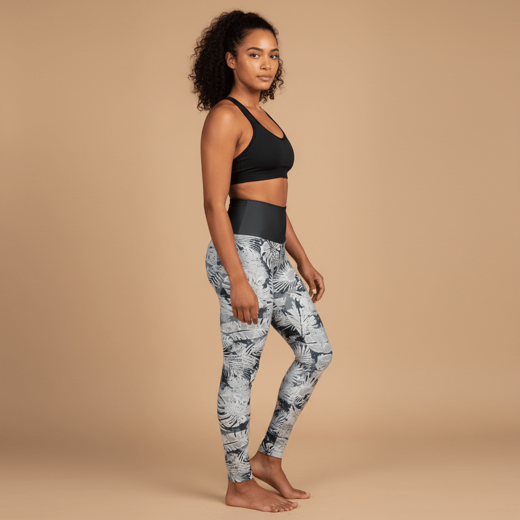 High-waisted leggings in Tiavi Mist with tropical print, showcasing comfortable stretch fabric.