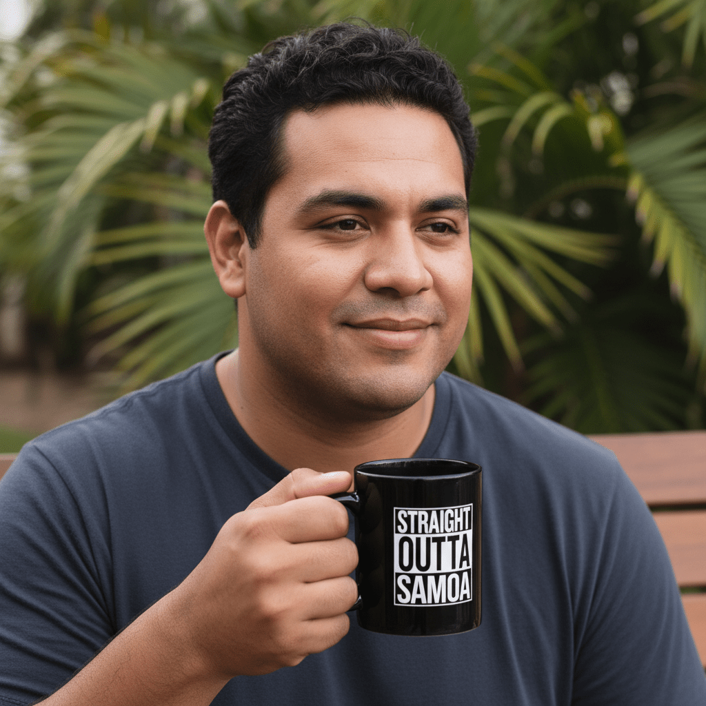 Prima Printing LimaLuxe™ 325ml mug featuring "Straight Outta Samoa" design, white ceramic mug with Samoa-themed artwork.