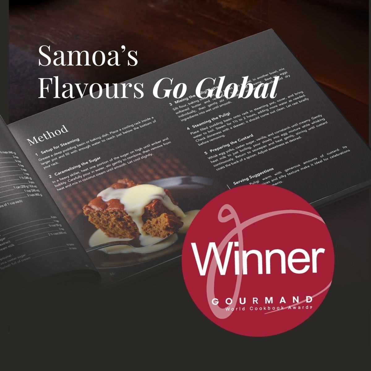 Hardcover A4 cookbook titled Samoan Delights featuring 12 traditional Samoan recipes, by Lulu Direct.