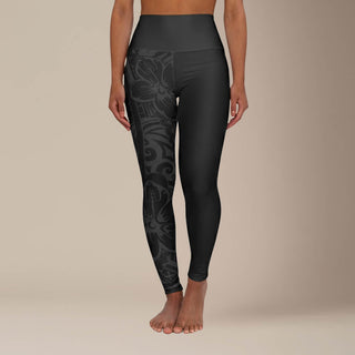 Miami Sublimation IslandRise high-waisted leggings in Bloom Dark with tropical print, close-up view of the stylish, comfortable leggings.