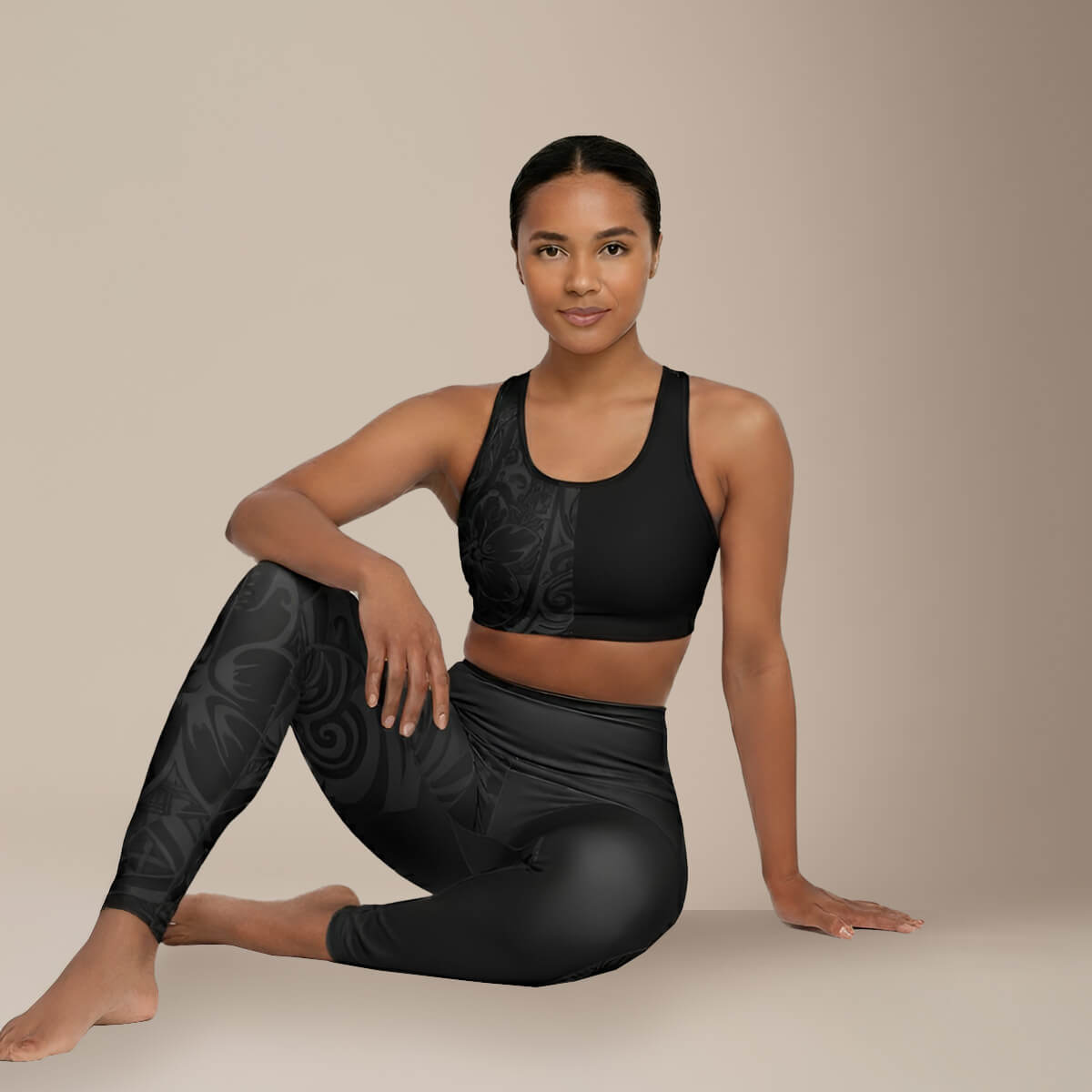 Miami Sublimation IslandRise high-waisted leggings in Bloom Dark, showcasing a fitted design with vibrant botanical print.