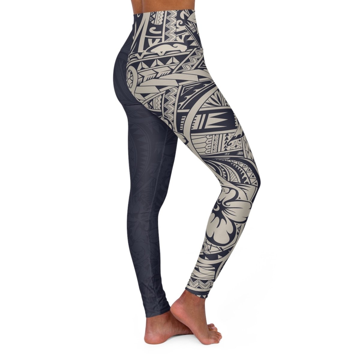 High-waisted Miami Sublimation yoga leggings in blue bloom print, close-up view showcasing the fit and vibrant fabric design.