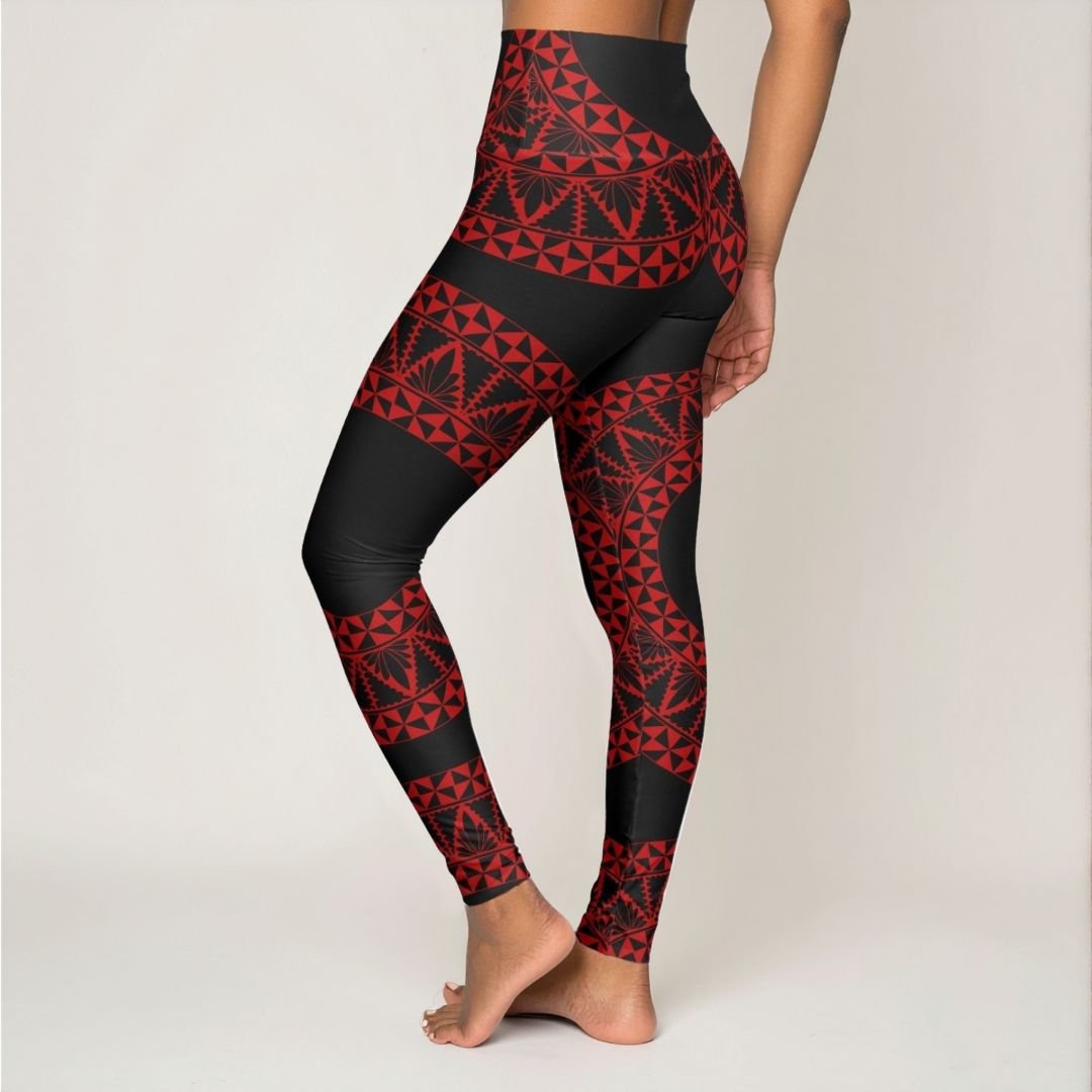 Miami Sublimation IslandRise high-waisted yoga leggings in Tonga black and red, featuring a comfortable fit and vibrant design.