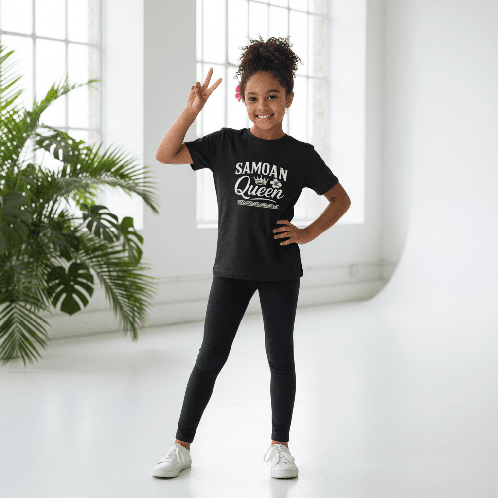 Kids unisex navy tee by Monster Digital featuring Samoan Queen design, perfect for kids' casual wear.