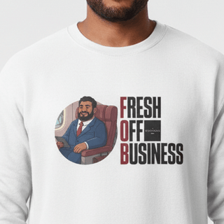 Unisex heavy sweatshirt in ash color, personalized with "Fresh Off Business" text, made in the USA.