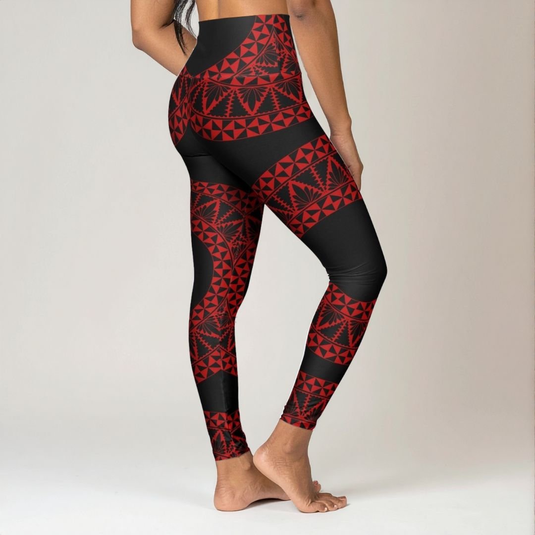 PasifikaOne High Waisted Yoga Leggings - Tonga Black & Red - USA - The Koko Samoa