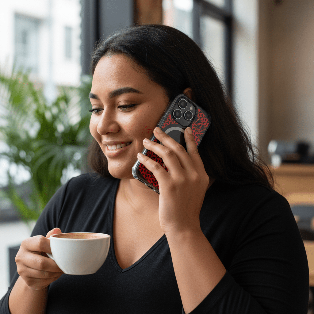 PasifikaOne MagSafe iPhone clear case featuring Tongan Redleaf design, showcasing a slim, transparent protective cover.