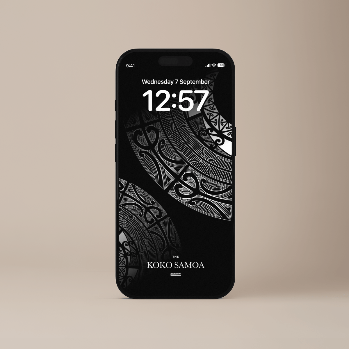 Māori-inspired phone wallpaper by The Koko Samoa featuring traditional patterns in vibrant colors for mobile devices.