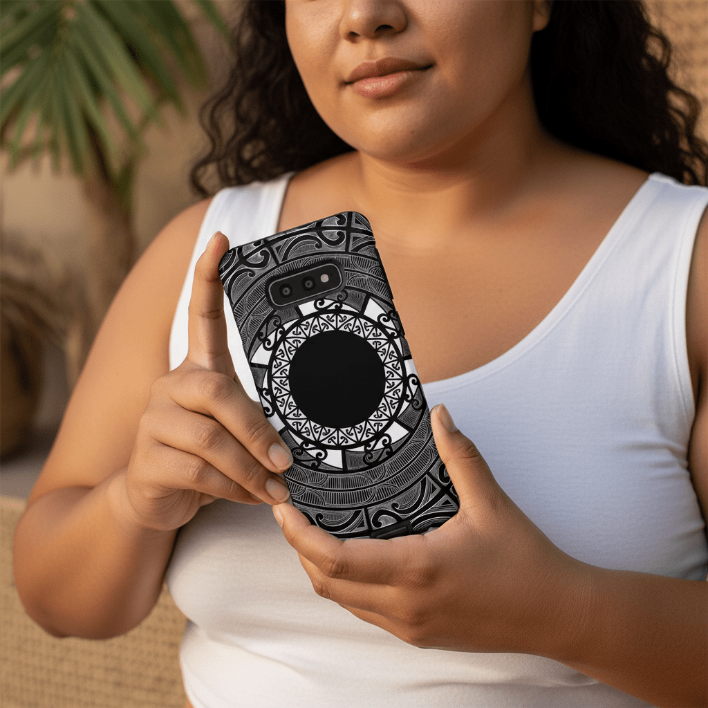 MagSafe clear case for iPhone featuring Māori design with Samoan Koko pattern, compatible with AU, NZ, and USA models.