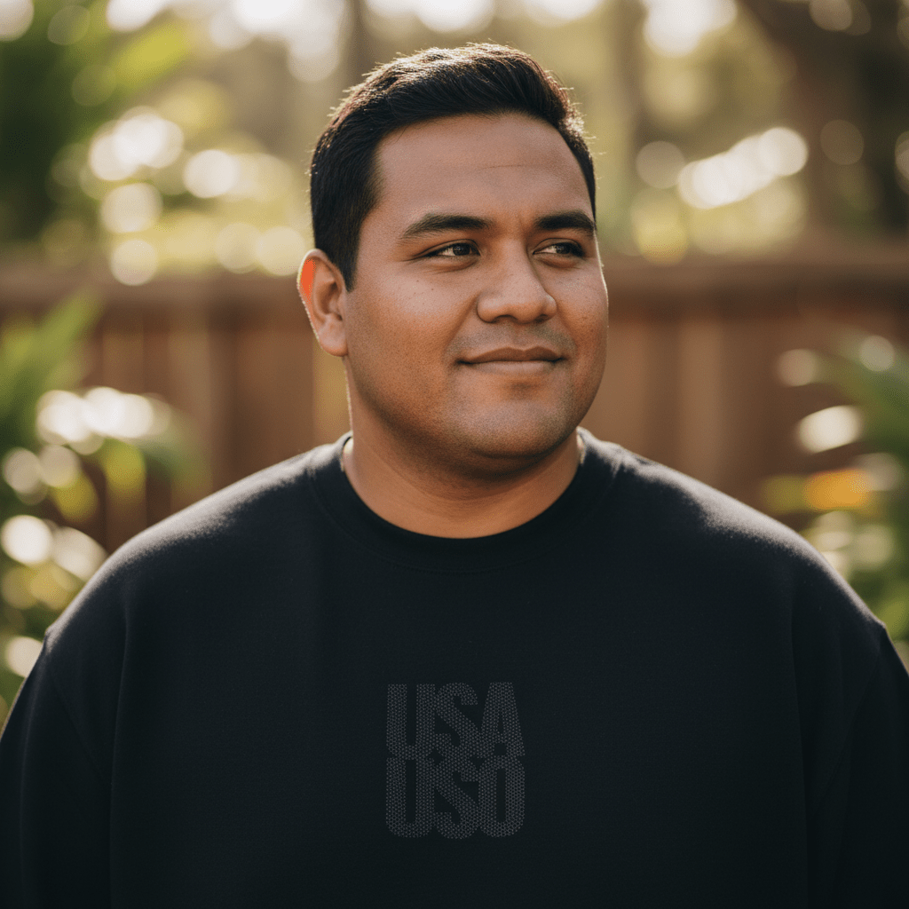 Black Fulfill Engine unisex heavy sweatshirt with USA USO embroidery, featuring a comfortable fit and casual style.