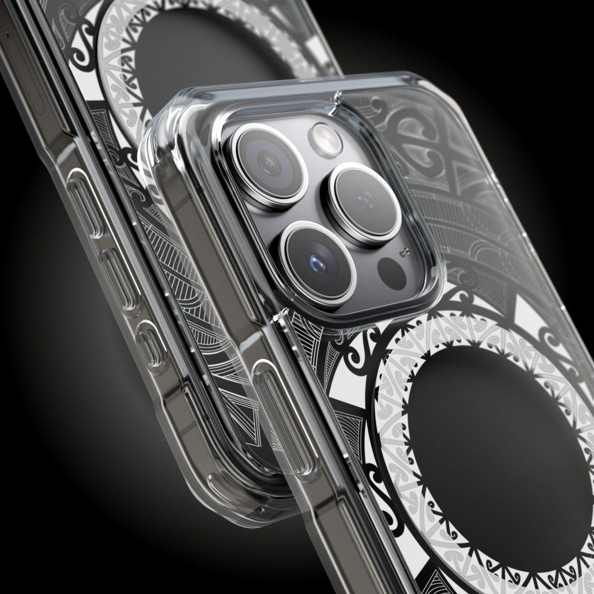 PasifikaOne MagSafe clear case for iPhone 16 featuring Māori design, transparent protection, and compatibility with MagSafe accessories.