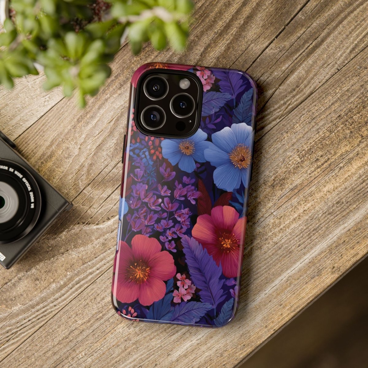Lavender Tropics tough phone case for iPhone 17, glossy protective cover with tropical design.