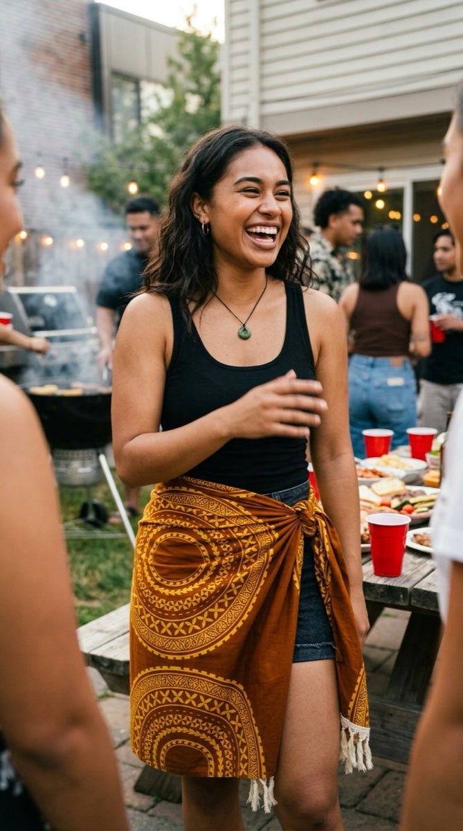 Multicolor golden sun patterned Lavalava from MWW on Demand, designed for versatile wear and cultural style.