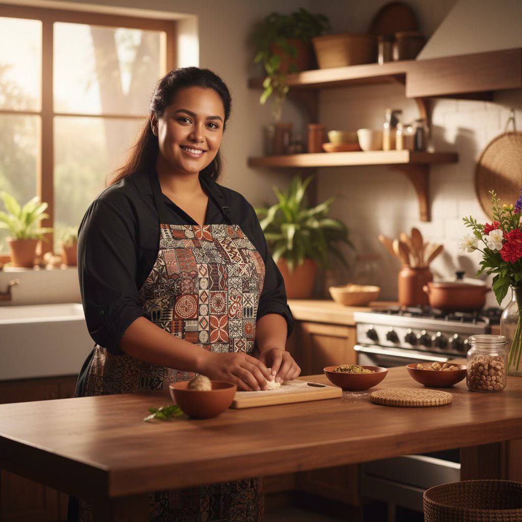 Colorway Elei Print apron featuring traditional Samoa-inspired fabric, designed for cooking and kitchen protection.