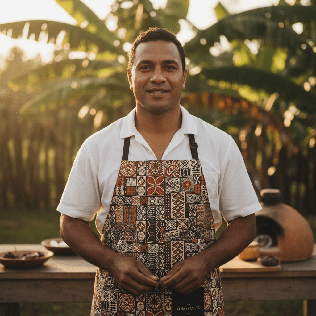Colorway Elei Print apron featuring traditional Samoa-inspired patterns, designed for AU, NZ, and US markets.