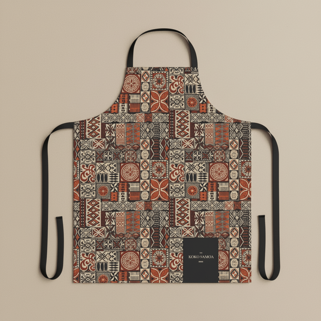 Colorway Elei print apron featuring traditional Samoan patterns, suitable for cooking and crafting, in vibrant colors.