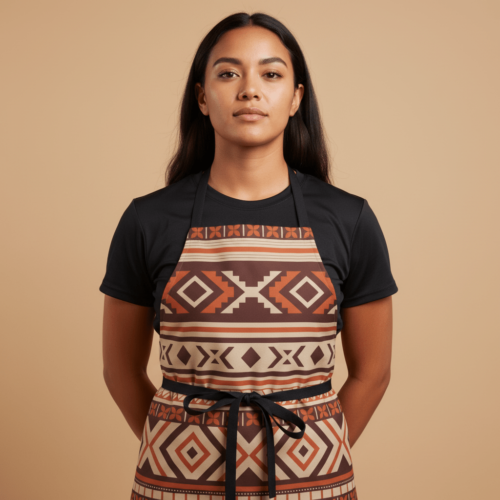 Colorway Siapo apron featuring traditional Koko Samoa design with vibrant fabric for AU/NZ/USA markets.