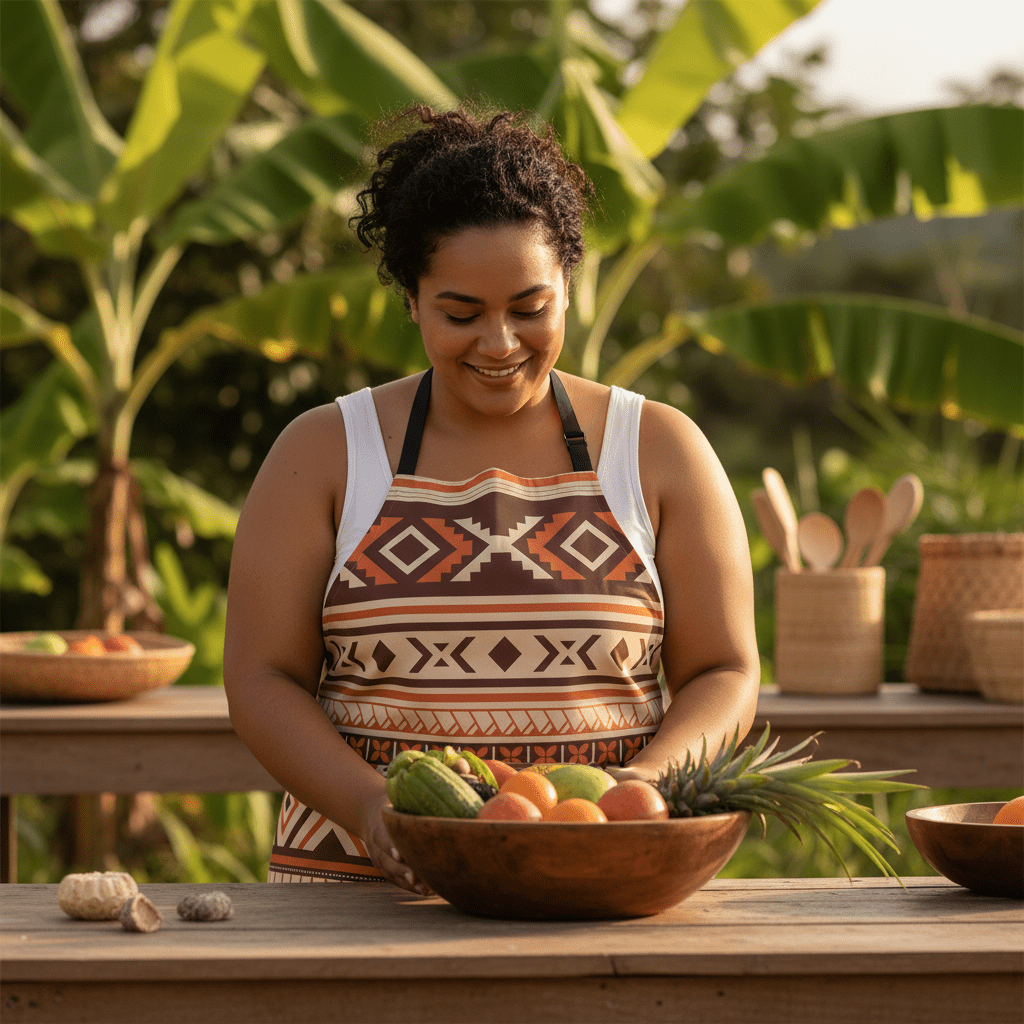 Colorway Siapo apron featuring traditional Koko Samoa design, made for AU/NZ/USA, showcasing vibrant Polynesian patterns.