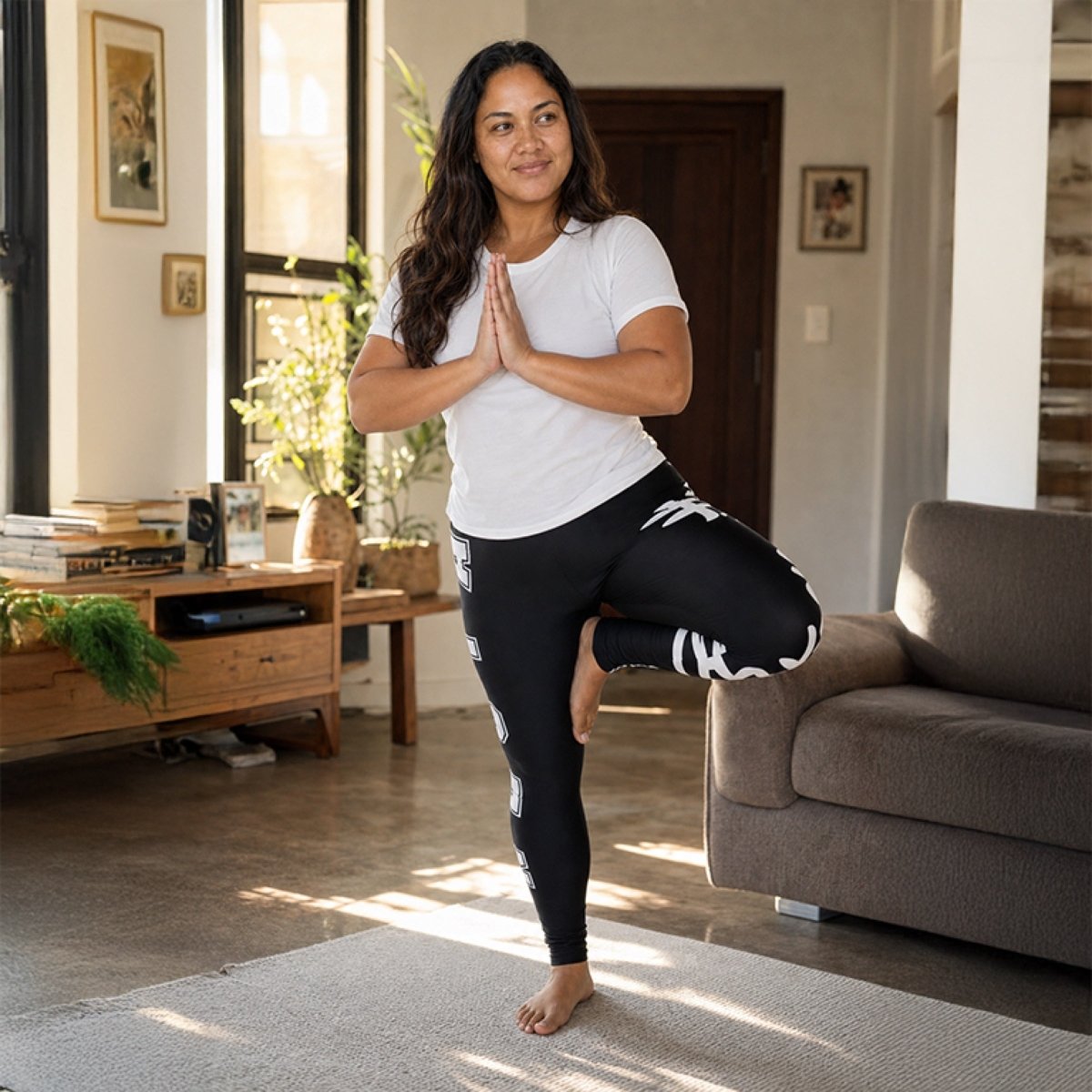 Mid-rise casual leggings by MWW On Demand in Nesian Strength design, featuring vibrant Polynesian-inspired patterns.