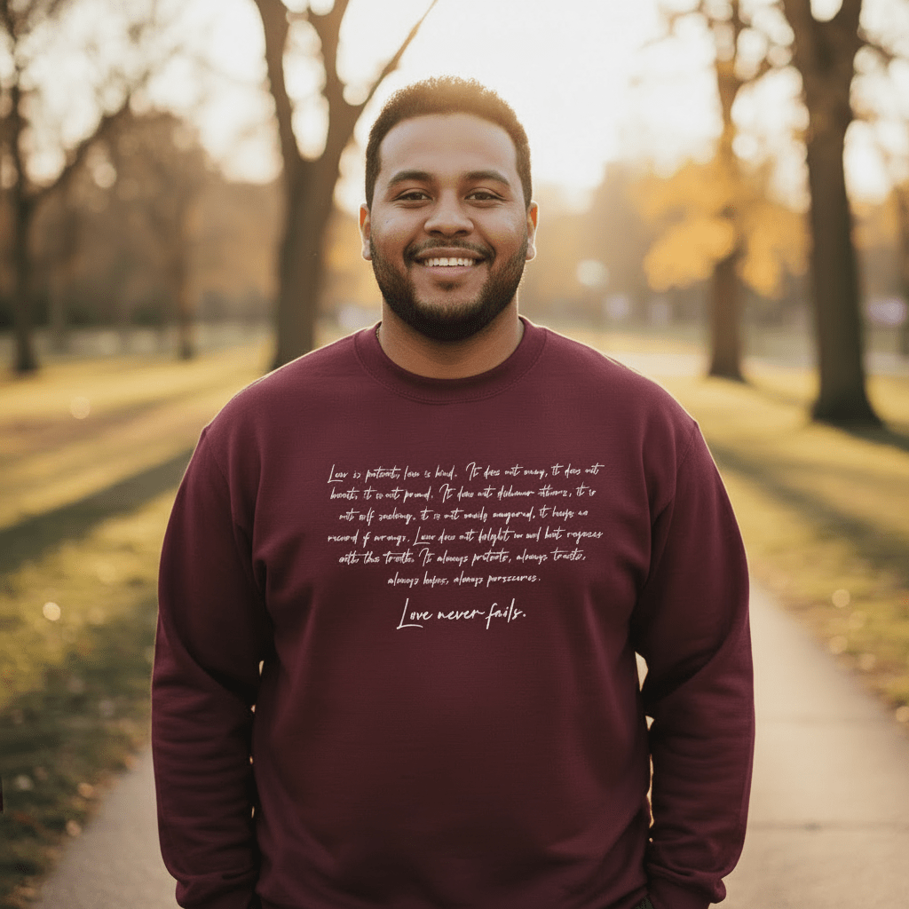 Champion unisex sweatshirt by Inkblot featuring "Love Never Fails" design, casual fit, in a cozy fabric, ideal for everyday wear.