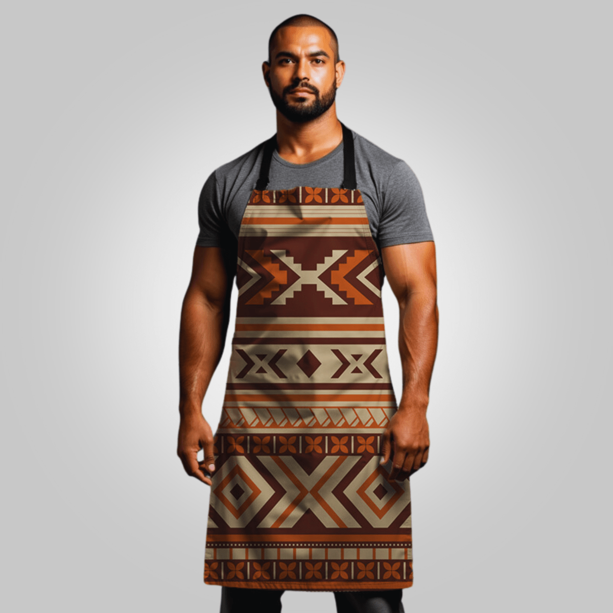 Black Siapo apron by Colorway, one-size apron with traditional Polynesian-inspired print, suitable for AU, NZ, and USA sizes.