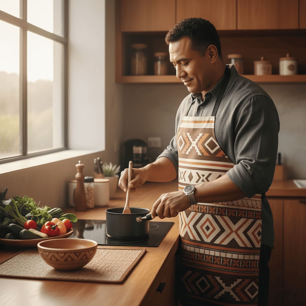 Black Siapo apron by Colorway, one-size apron with traditional Polynesian-inspired design, suitable for AU, NZ, and USA.