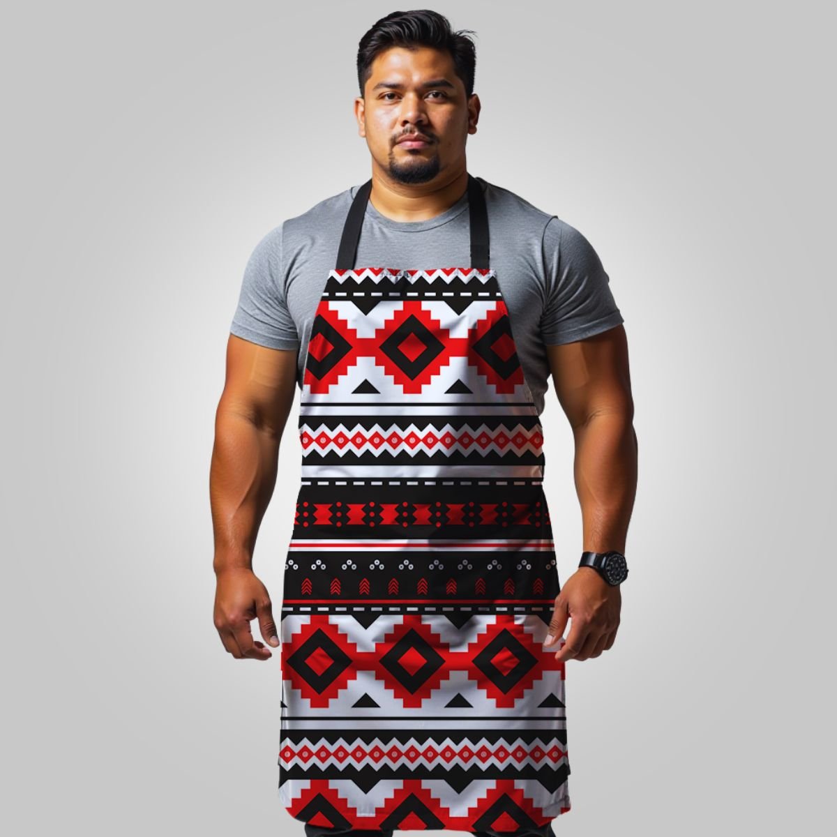 Black Pacific print apron, one size, featuring bold patterns suitable for cooking or crafting.