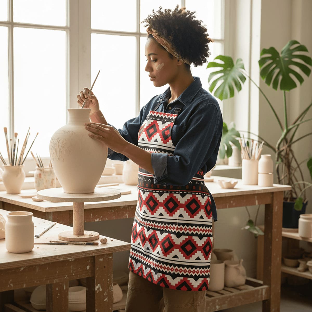 Black tribal print apron by Colorway, one size, designed for AU, NZ, and USA, featuring bold tribal patterns and adjustable neck strap.