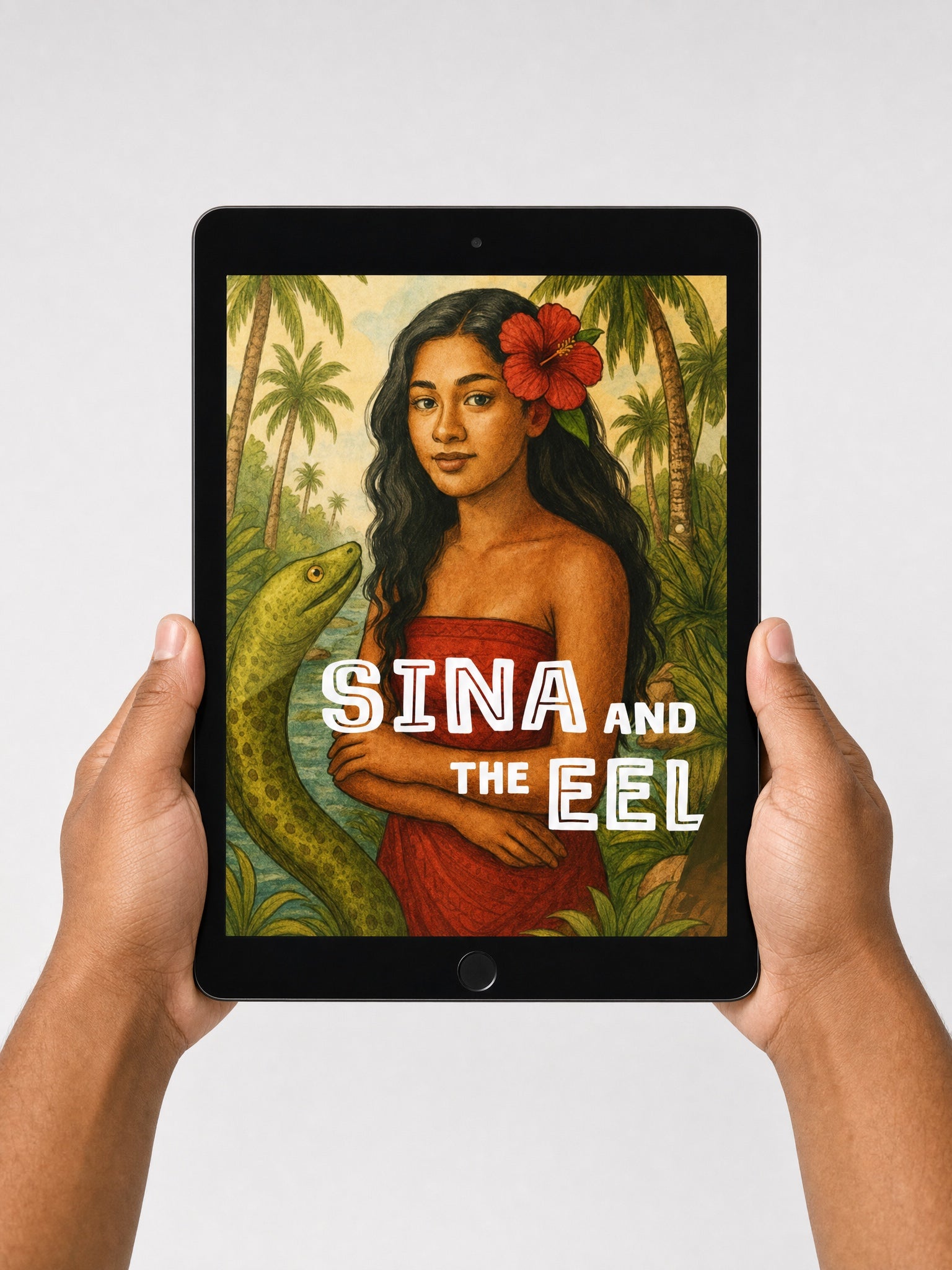 Sina and The Eel e-book on a light grey studio background