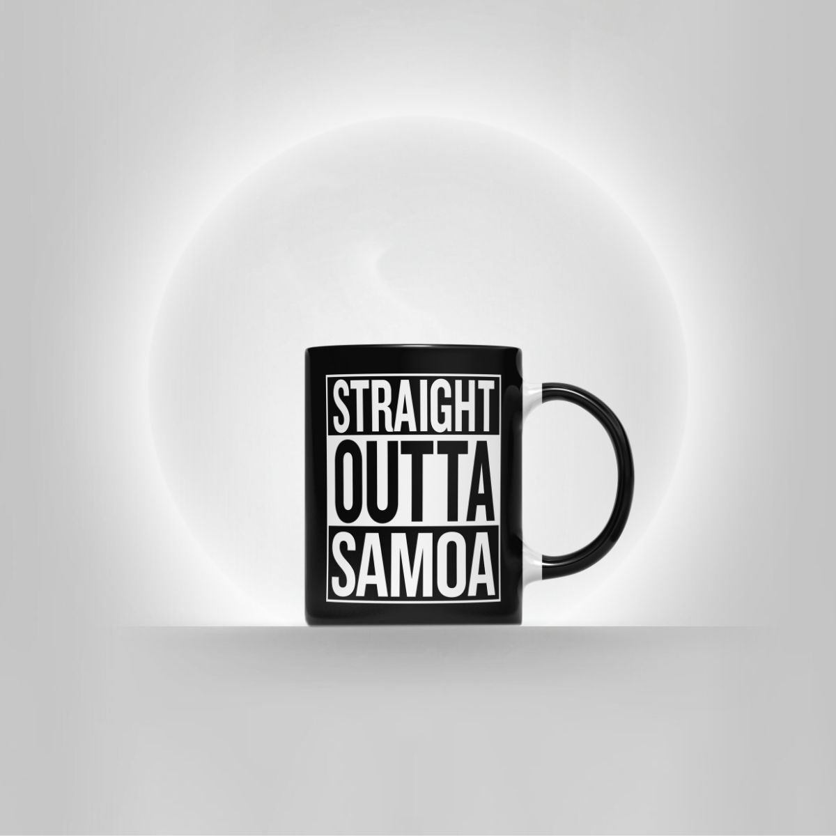 LimaLuxe™ 11oz ceramic mug with "Straight Outta Samoa" design, featuring District Photo branding. Perfect for hot beverages.