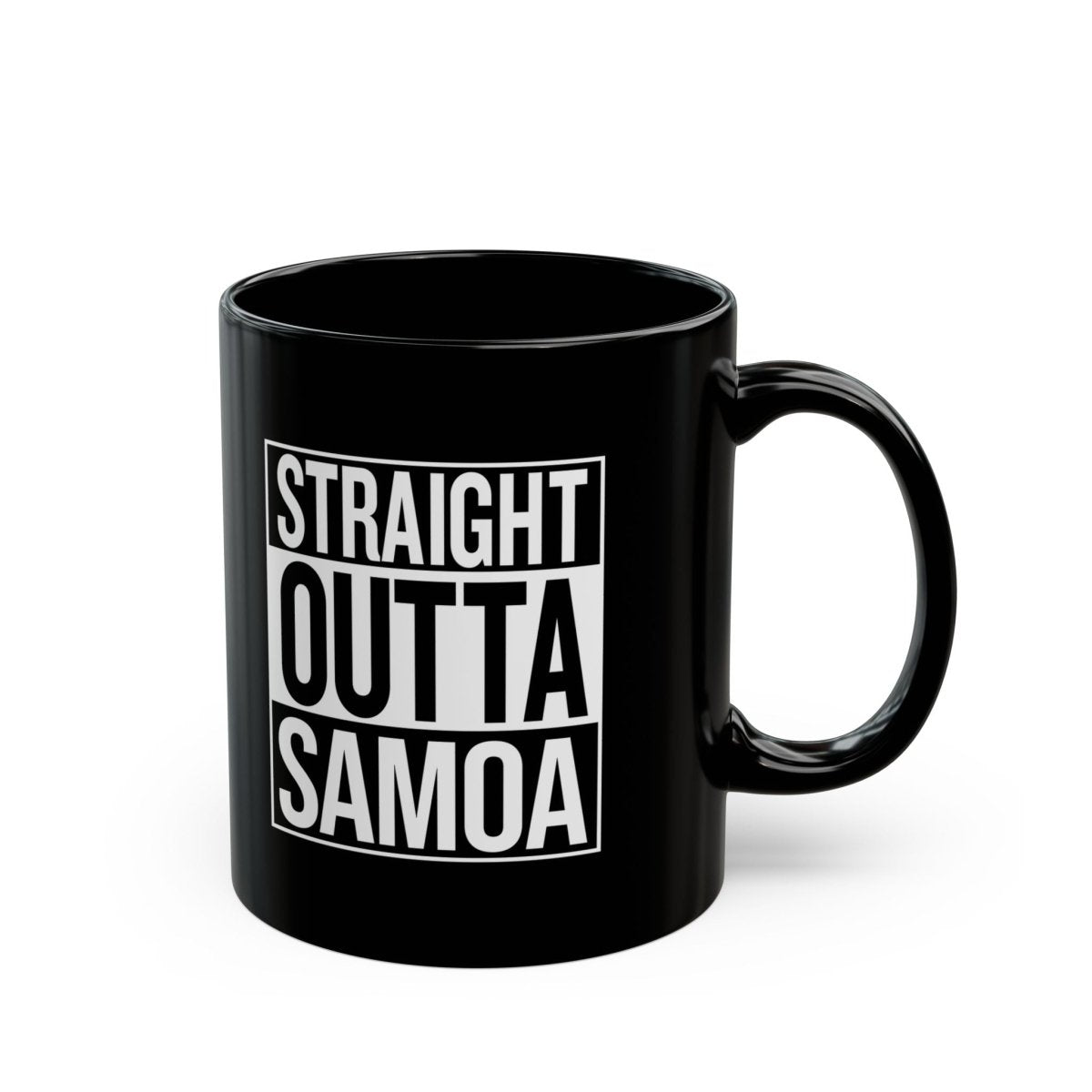 LimaLuxe 11oz ceramic mug featuring "Straight Outta Samoa" design, white mug with black text, by District Photo.