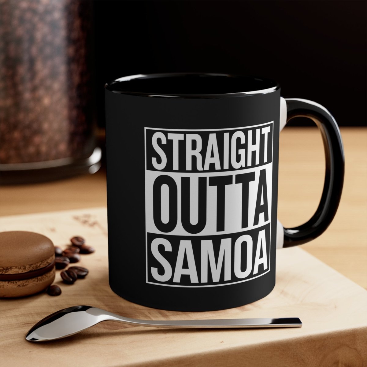 LimaLuxe 11oz mug featuring "Straight Outta Samoa" design, made by District Photo, with a white ceramic mug and printed graphic.