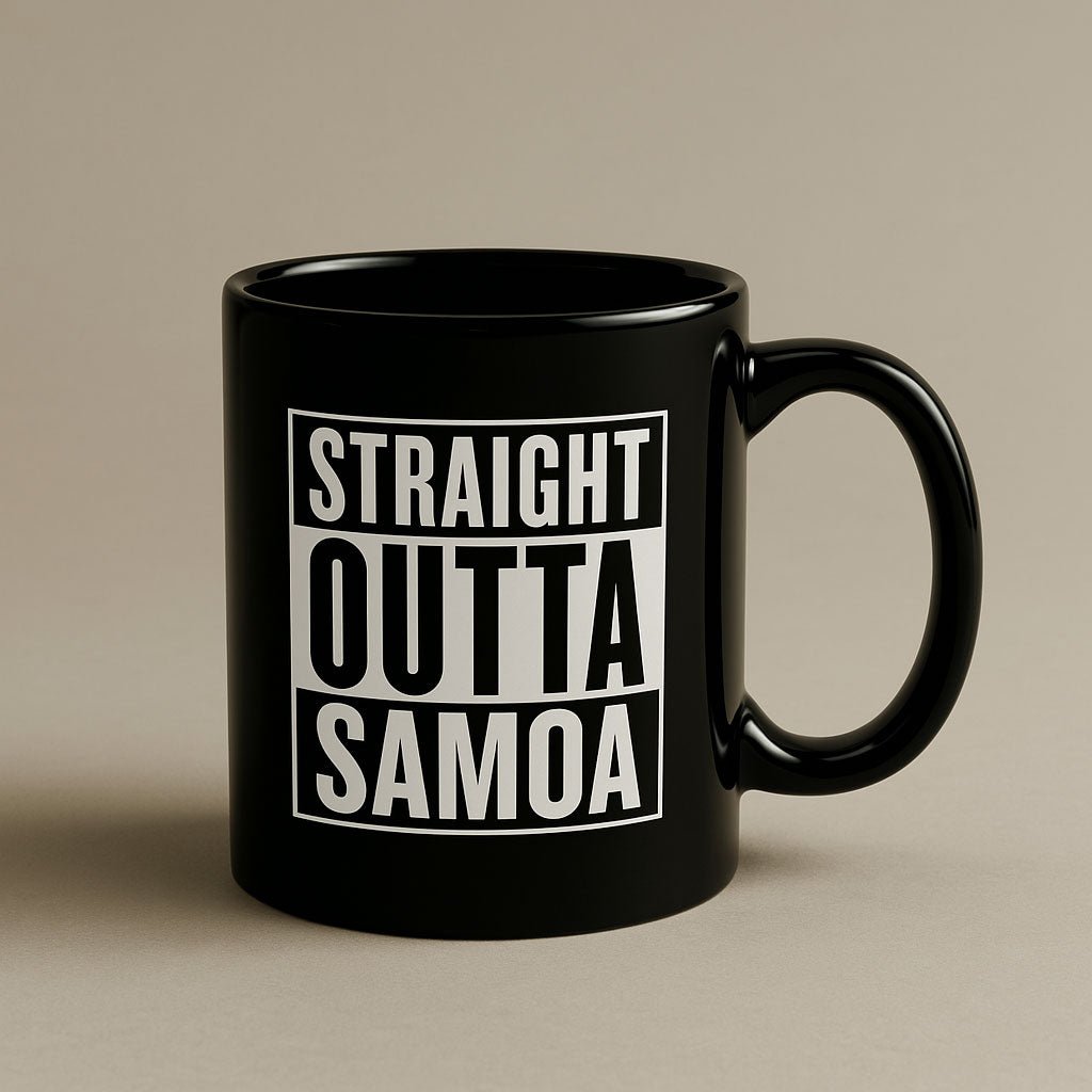 LimaLuxe™ 11oz ceramic mug with "Straight Outta Samoa" text, featuring a white handle and colorful island design.