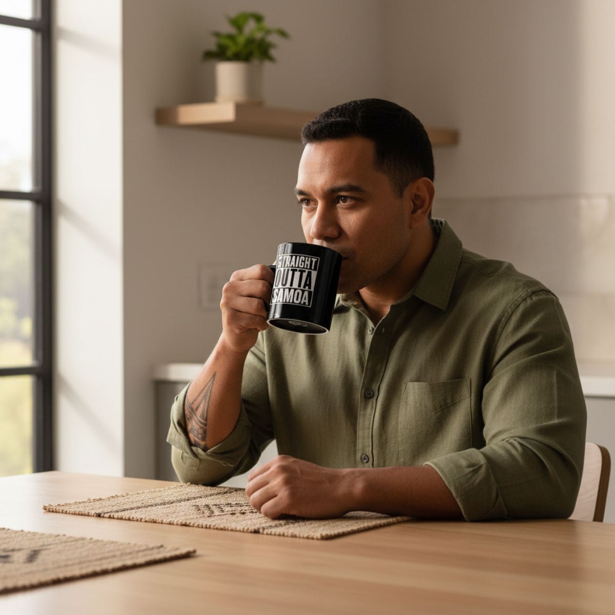 LimaLuxe™ 11oz ceramic mug with "Straight Outta Samoa" design, featuring District Photo branding on white mug.