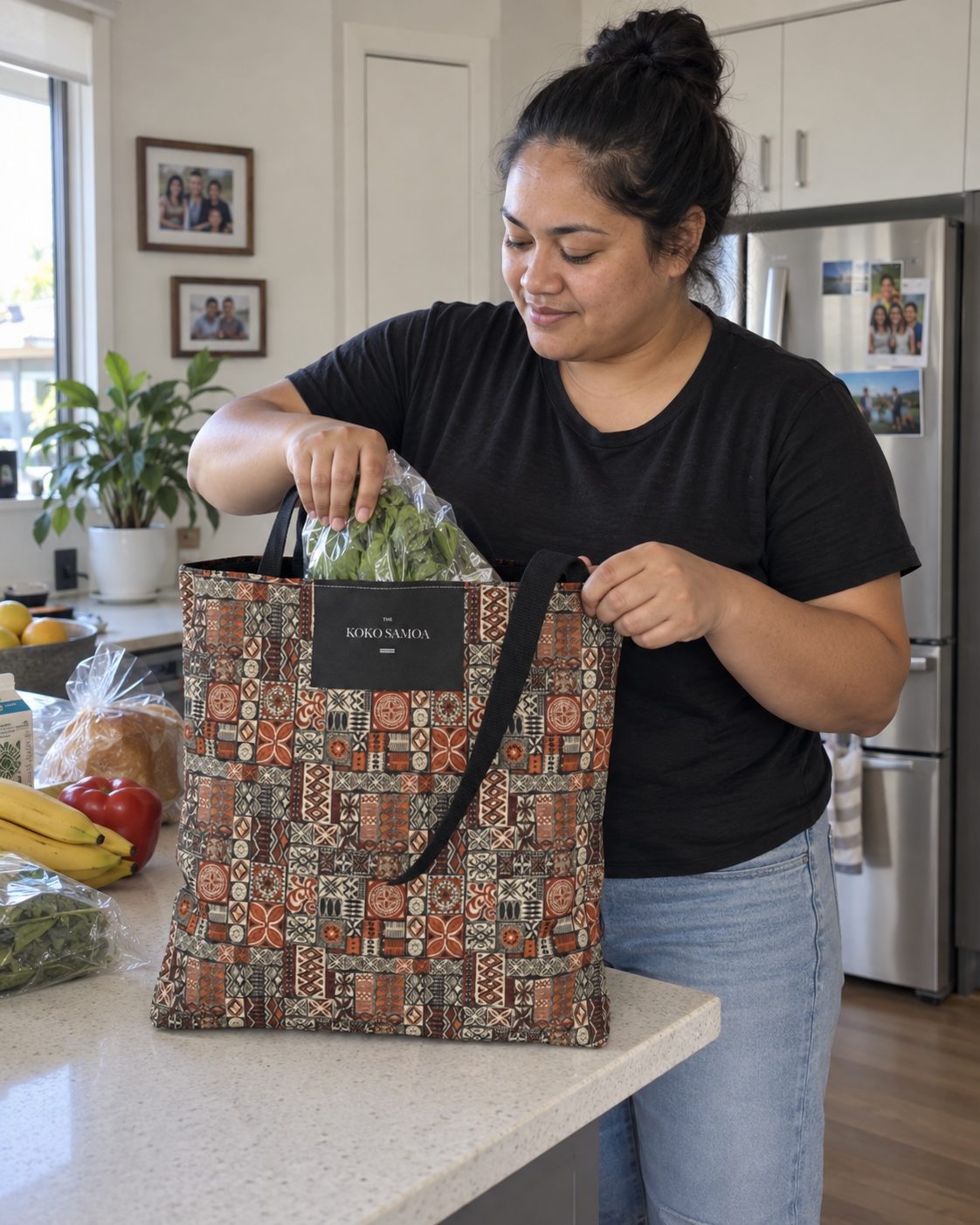 Tote Bag in the Elei print, carried in from the car with shopping in it.