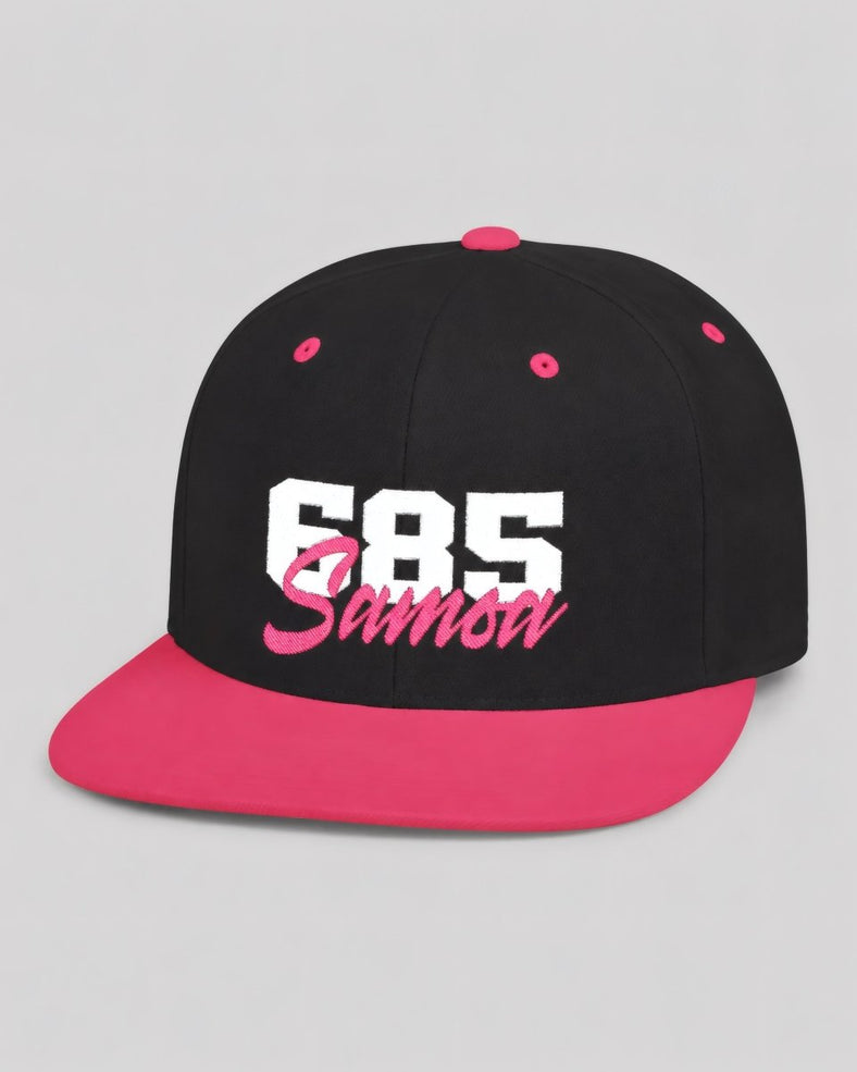 Flat Bill Snapback Hat - 685 Samoa - White & Neon Pink Embroidery - AU/NZ/USA