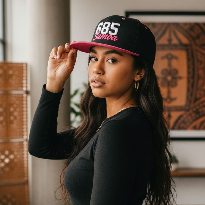 Flat Bill Snapback Hat - 685 Samoa - White & Neon Pink Embroidery - AU/NZ/USA