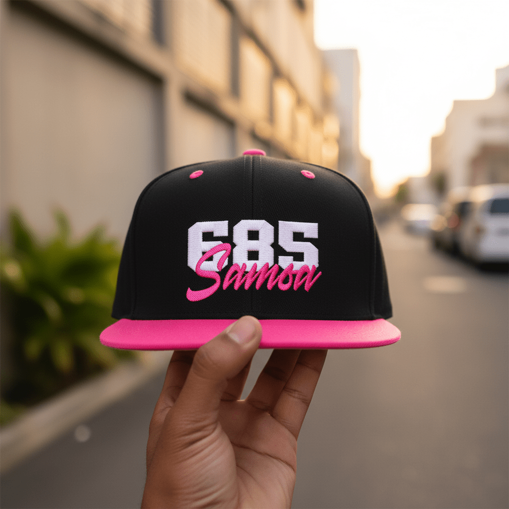Flat Bill Snapback Hat - 685 Samoa - White & Neon Pink Embroidery - AU/NZ/USA - The Koko Samoa