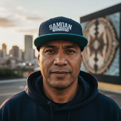 Flat Bill Snapback Hat - Samoan Culture - Blue White Embroidery - AU/NZ/USA - The Koko Samoa