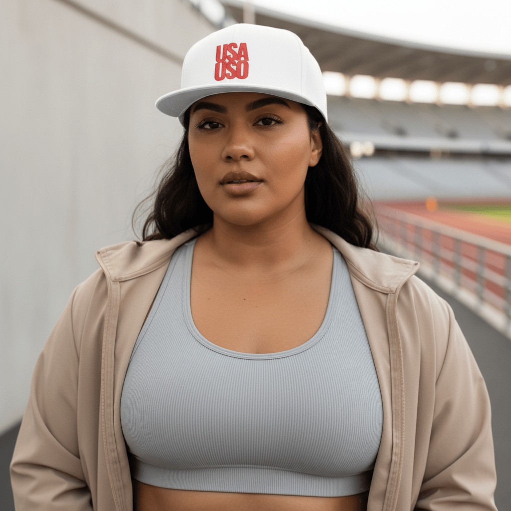 Fulfill Engine flat bill snapback hat with USA USO red embroidery, featuring a stylish design and adjustable fit.